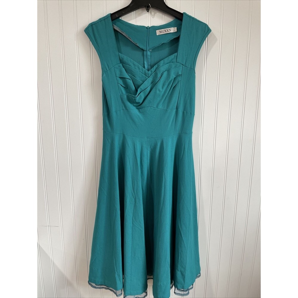 MUXXN Rockabilly Swing Dress Sz 10 Blue Green Retro Rayon Blend Sweetheart Neck‎